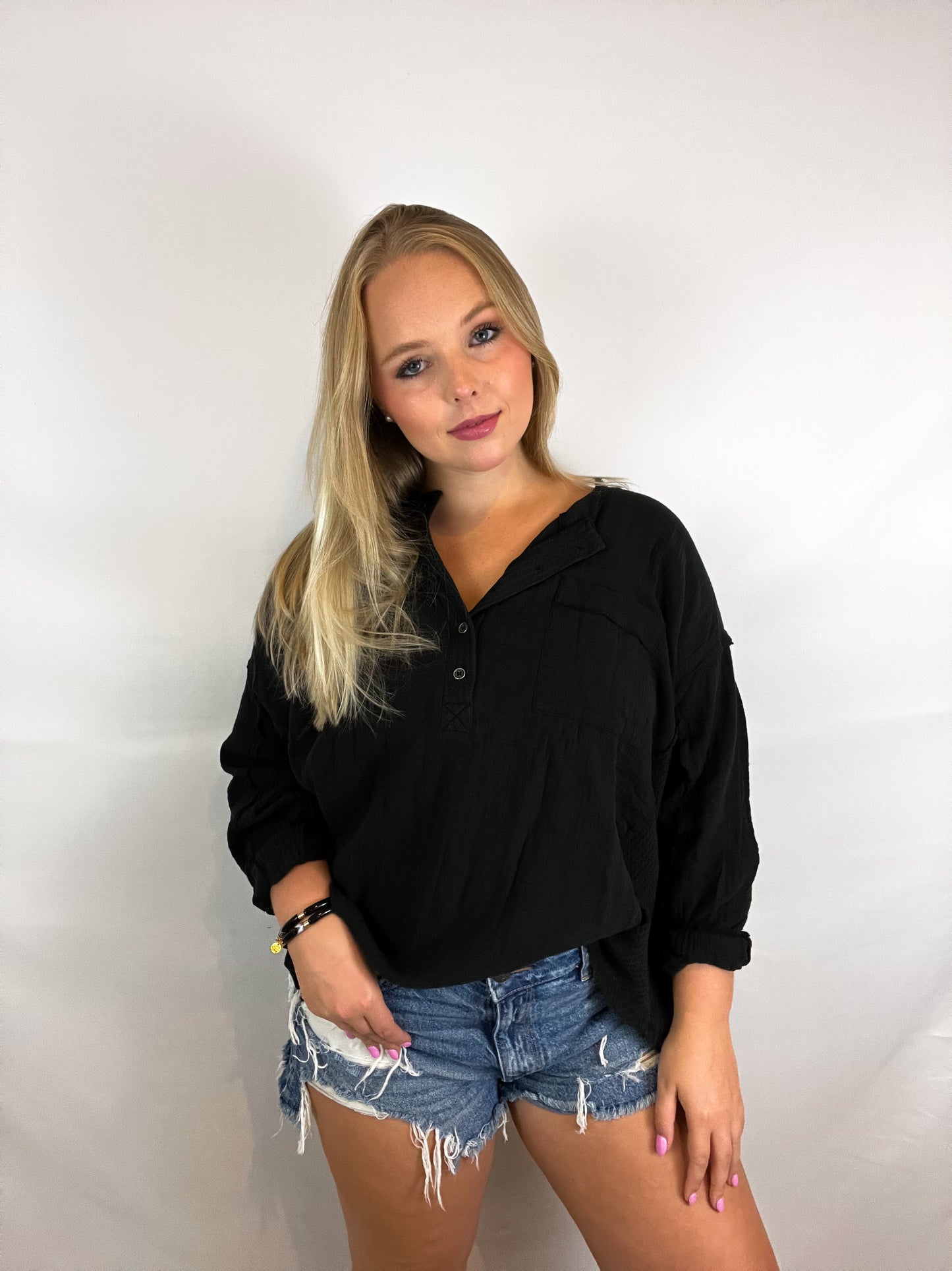 Oversized 3/4 Button Henley Neck Top