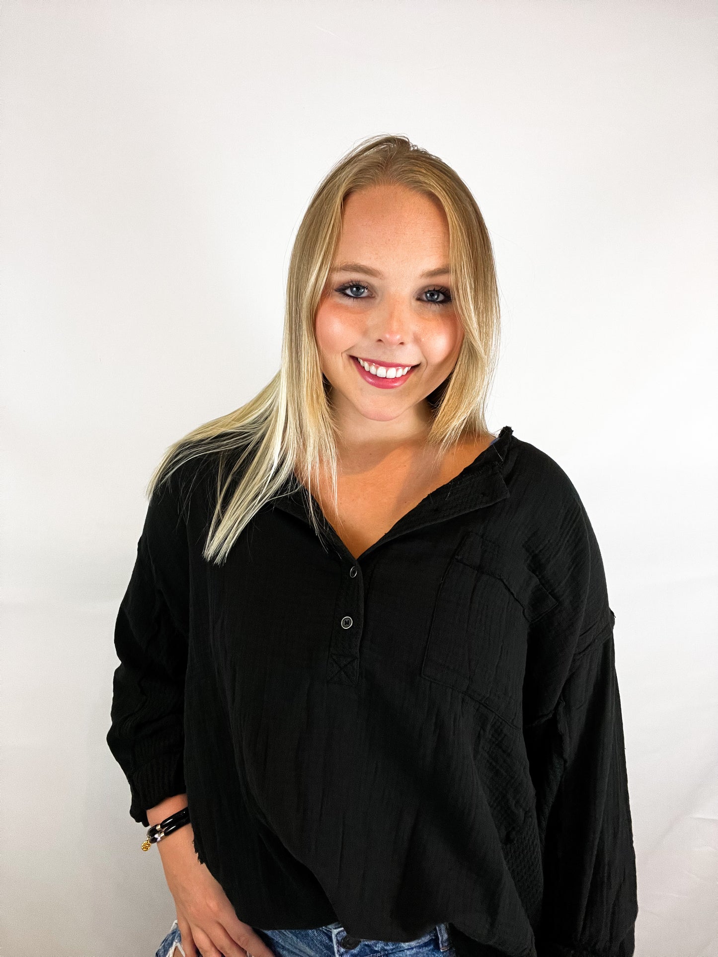 Oversized 3/4 Button Henley Neck Top