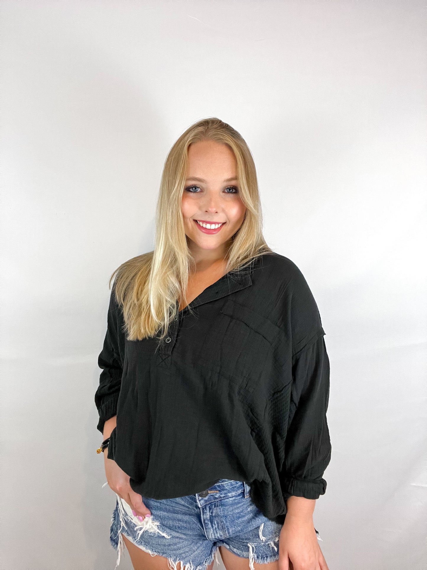 Oversized 3/4 Button Henley Neck Top